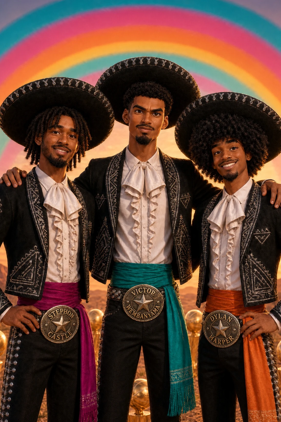 Stephon Castle, Victor Wembanyama, and Dylan Harper in black mariachi suits beneath a Meltonia rainbow